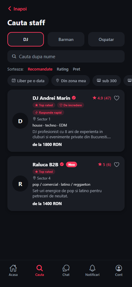 Căutare staff în aplicația ViaNocta